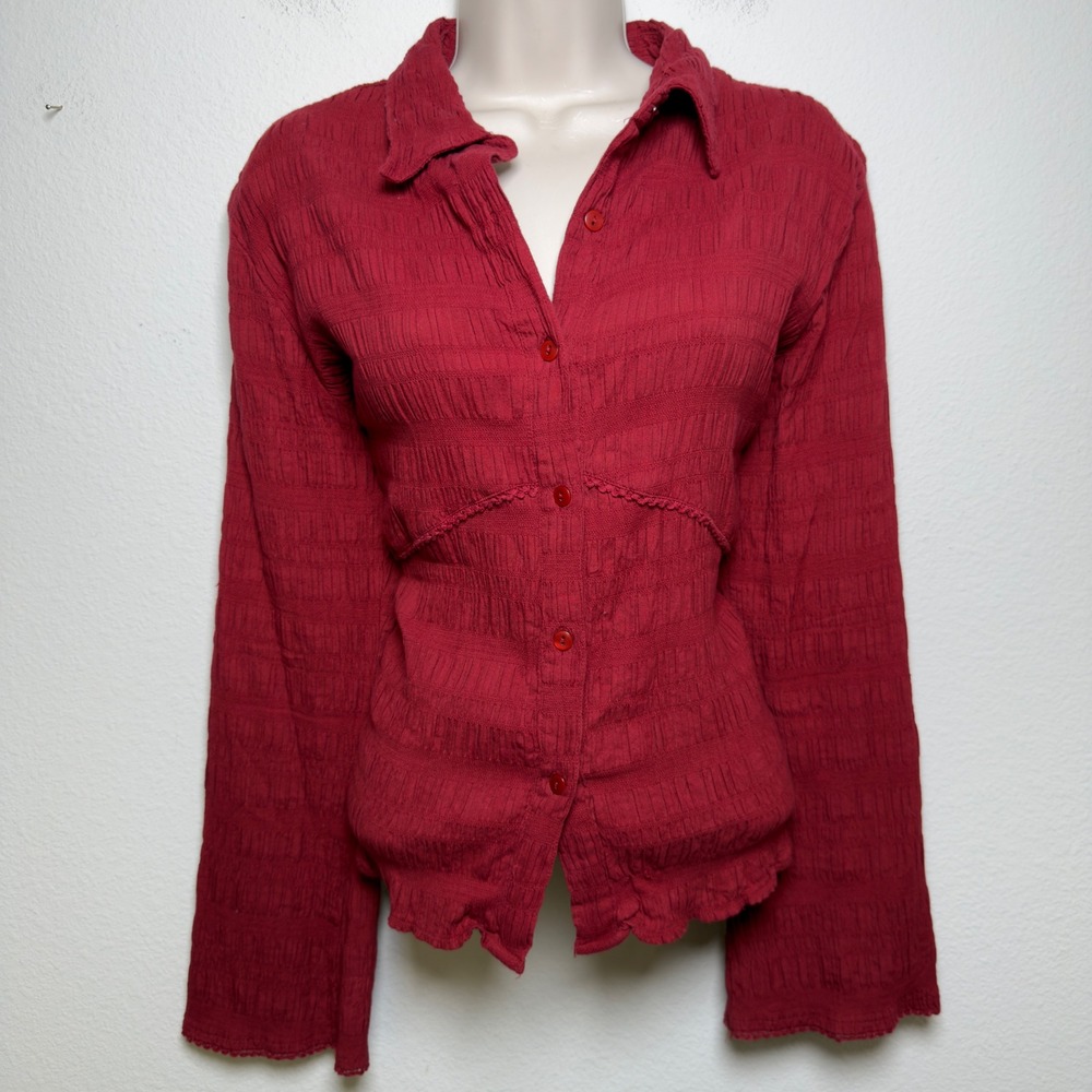 VTG Y2K Fiorlini Women Western Babydoll Cotton Top XL Red Textured Bell Sleeve